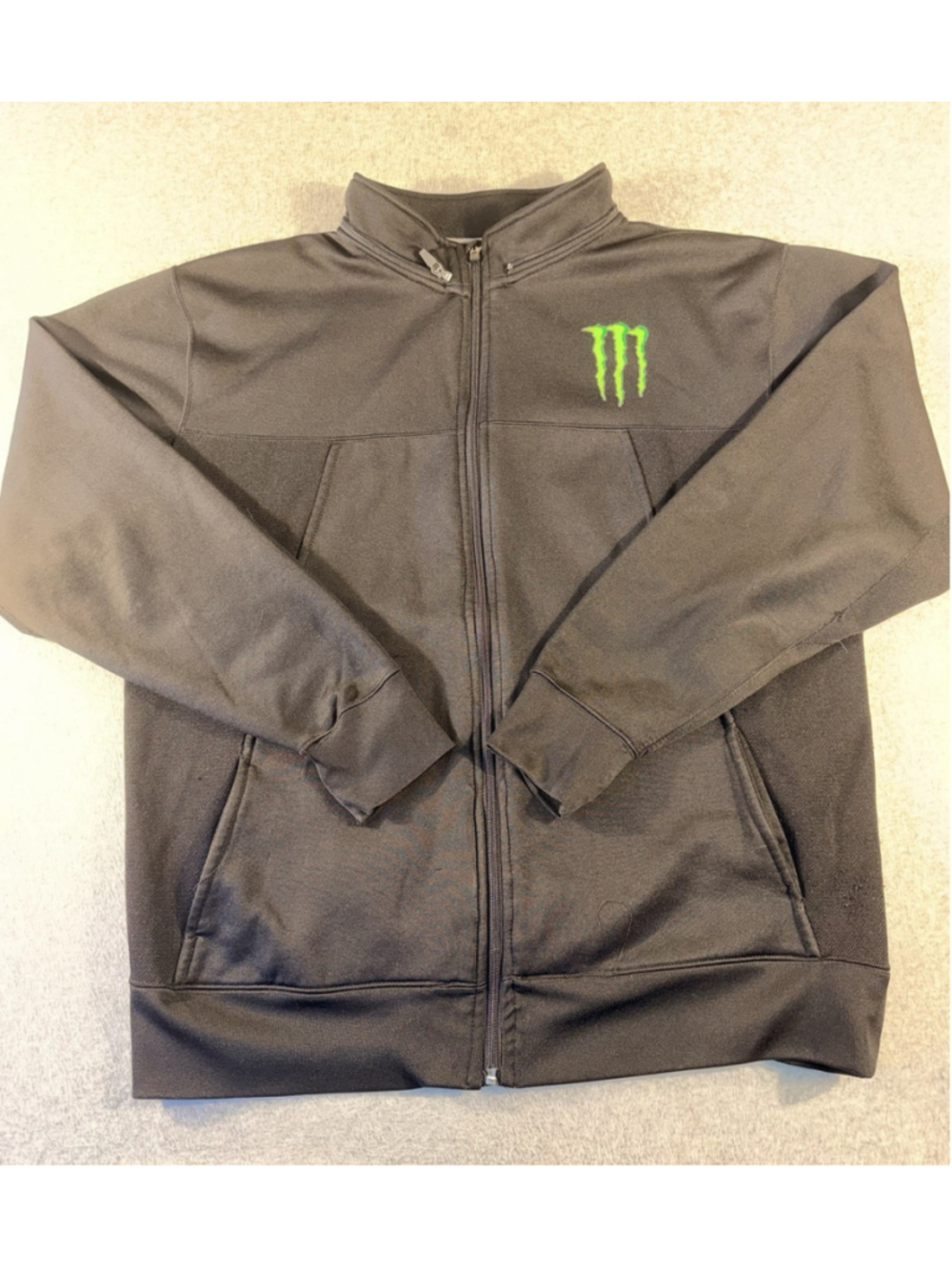 Monster Energy Jacket Mens XL Black Full Zip Fleece Lined Thumbholes Green Logo